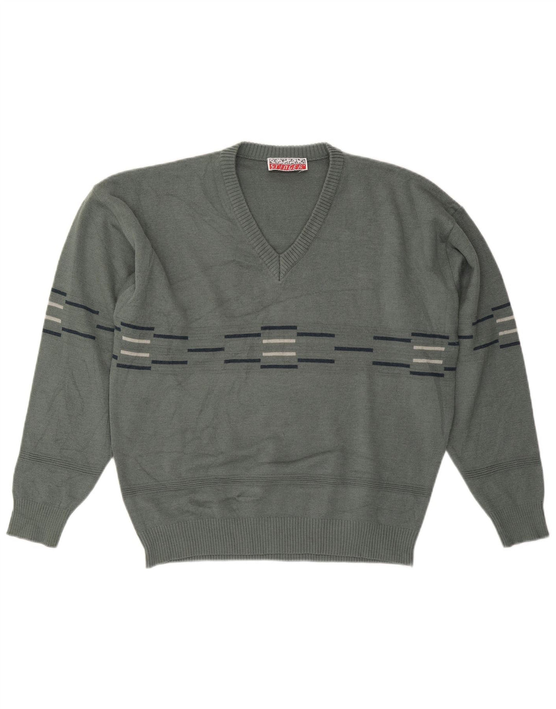 VINTAGE Pull col V homme grand gris rayé