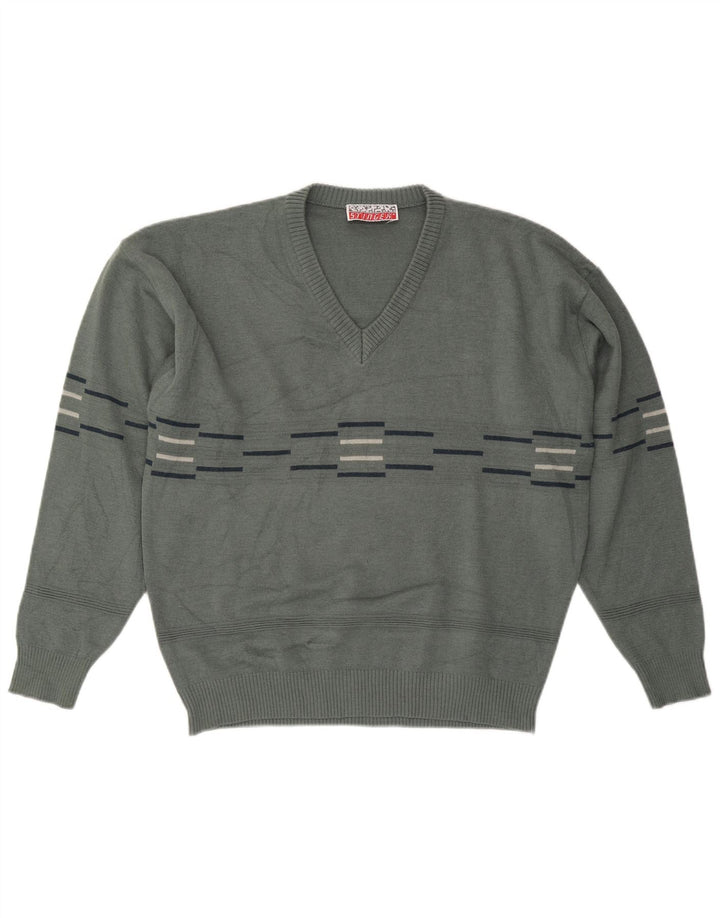 VINTAGE Pull col V homme grand gris rayé