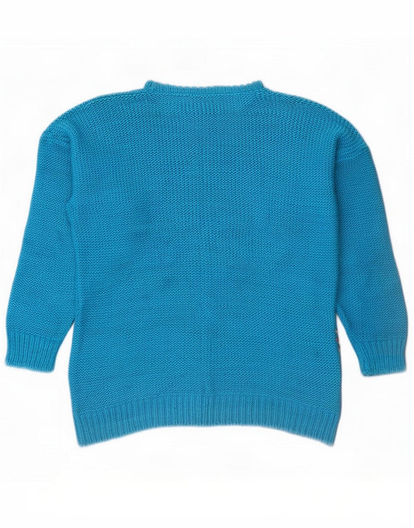 vintage Womens Boat Neck Jumper Pull UK 14 Moyen Bleu Géométrique Coton