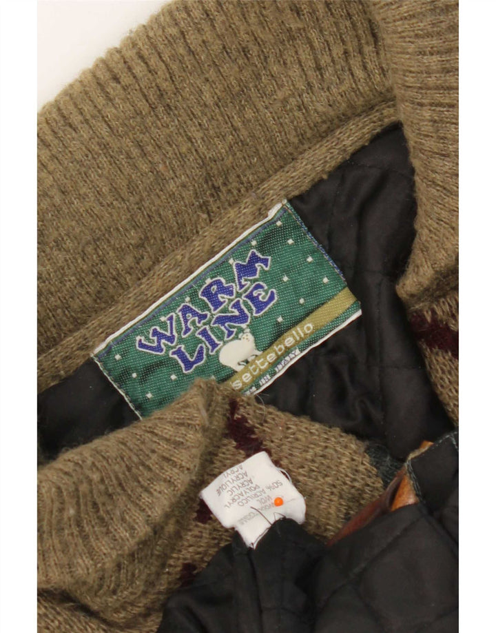 vintage Mens Cardigan Pull Moyen Kaki Laine Géométrique