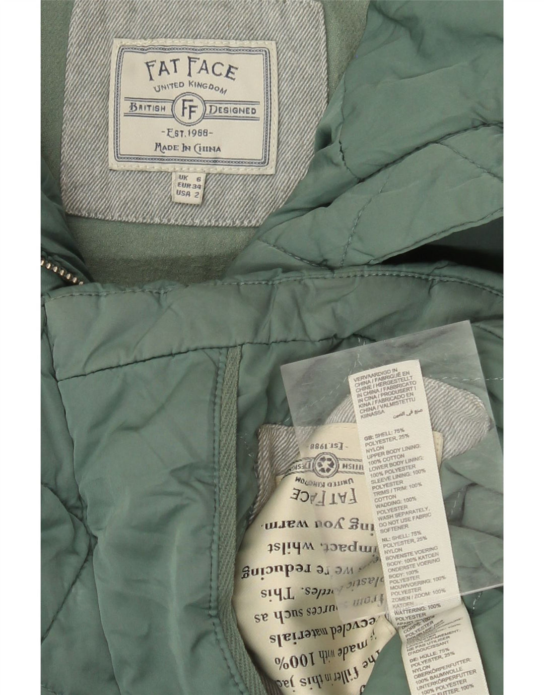 FAT FACE Veste matelassée surdimensionnée pour femme UK 6 XS Vert Polyester