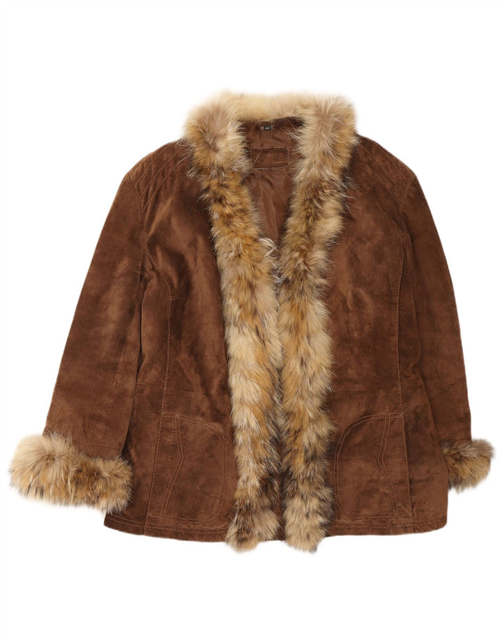 VINTAGE Veste en daim ouverte pour femme IT 46 Grand cuir marron
