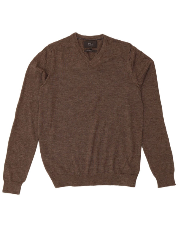 MARKS & SPENCER Pull col V Homme Laine Mérinos Marron Moyen