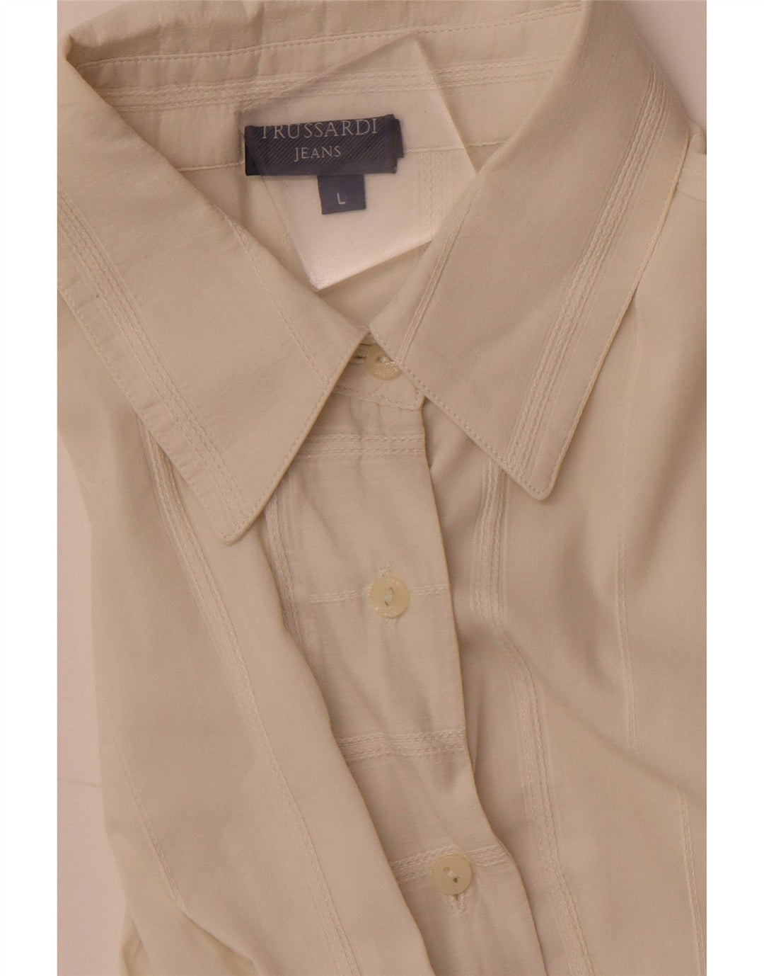 TRUSSARDI JEANS Chemise Chemisier Femme UK 14 Large Blanc Cassé Rayé