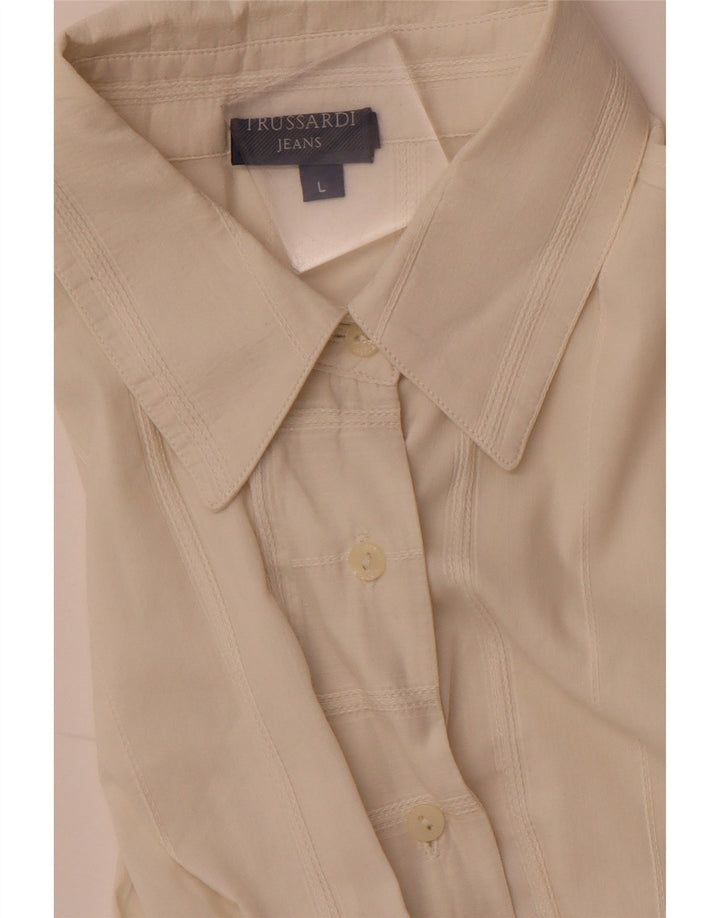 TRUSSARDI JEANS Chemise Chemisier Femme UK 14 Large Blanc Cassé Rayé
