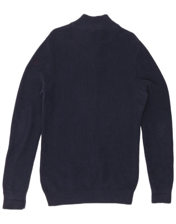 CREW CLOTHING Pull à col zippé pour femme UK 14 Bleu marine moyen Coton