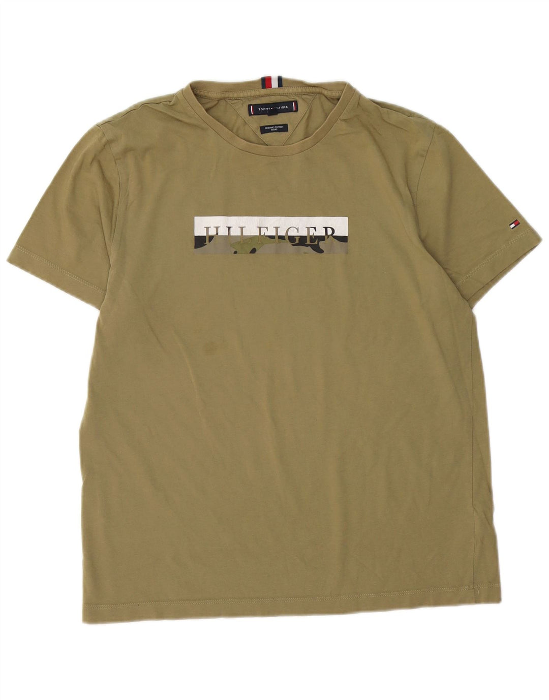 TOMMY HILFIGER T-Shirt Graphique Top Homme Kaki Moyen Coton