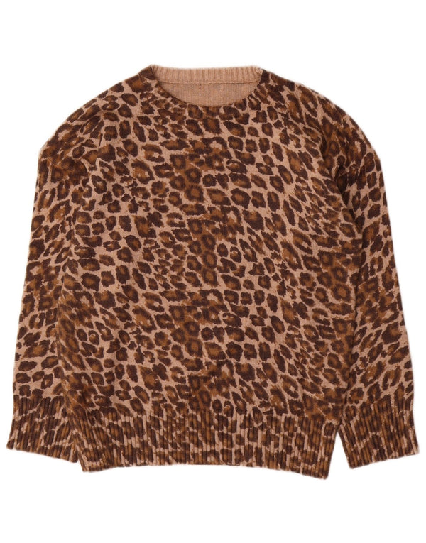 vintage Womens Crew Neck Jumper Pull UK 12 Medium Brown Animal Print