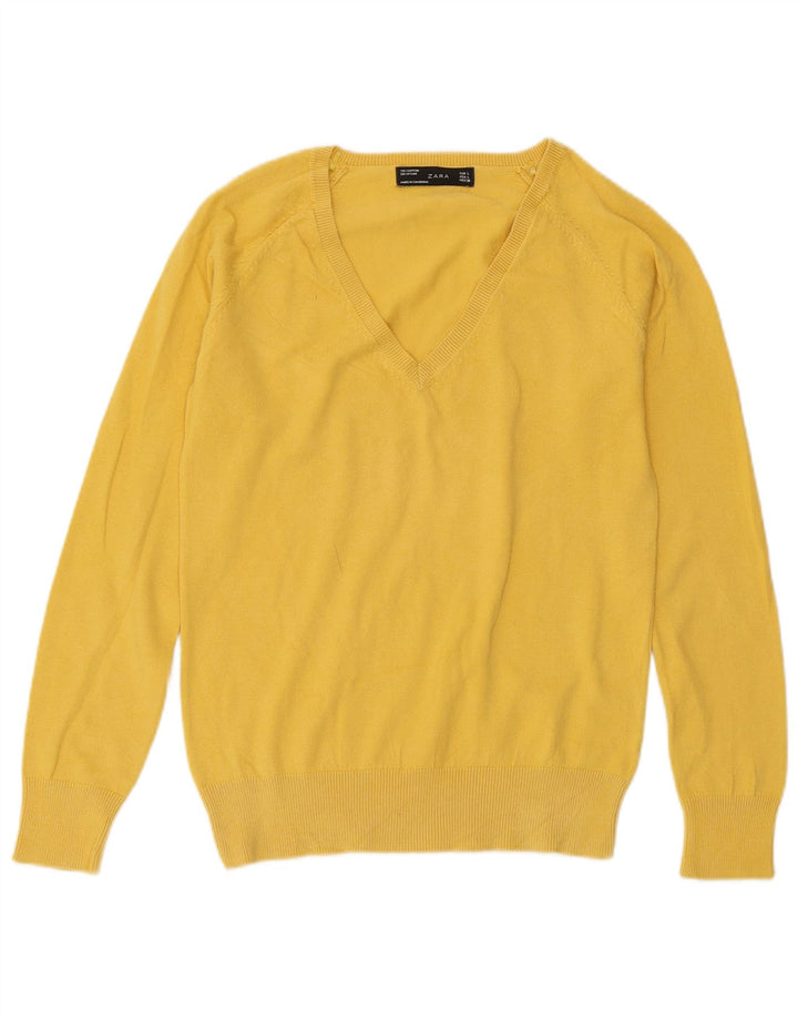 ZARA Pull col en V pour femme UK 14 Large Jaune Coton