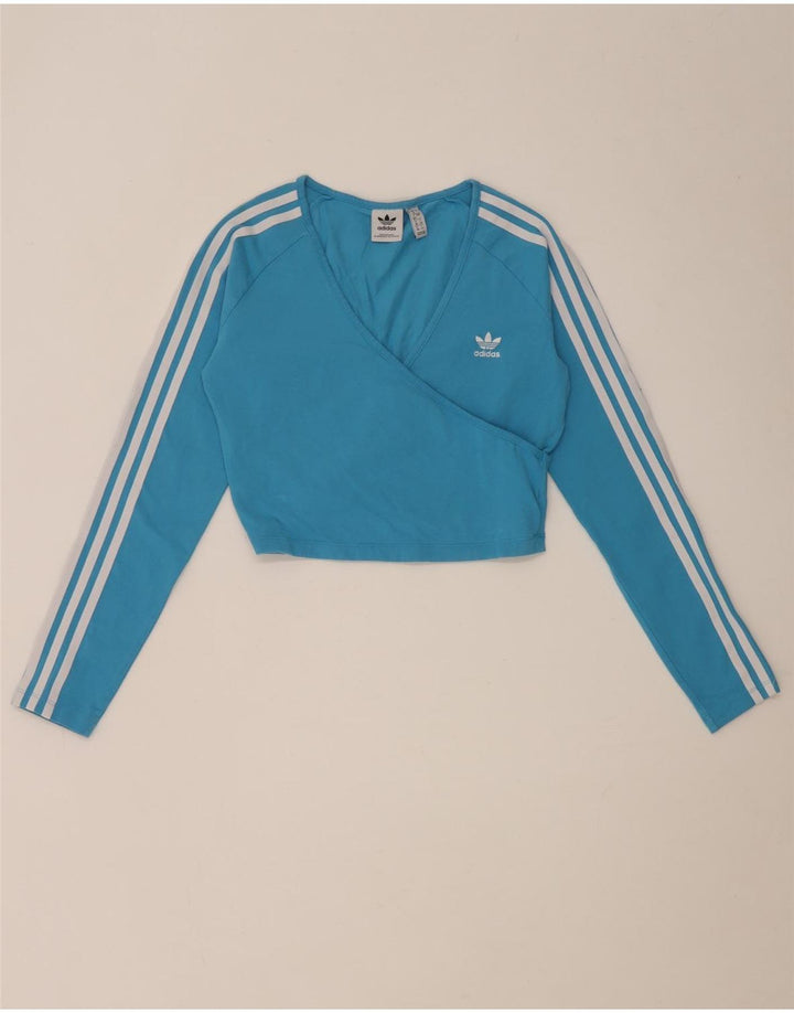 Adidas Womens Crop Top Manches Longues UK 12 Bleu Moyen Coton