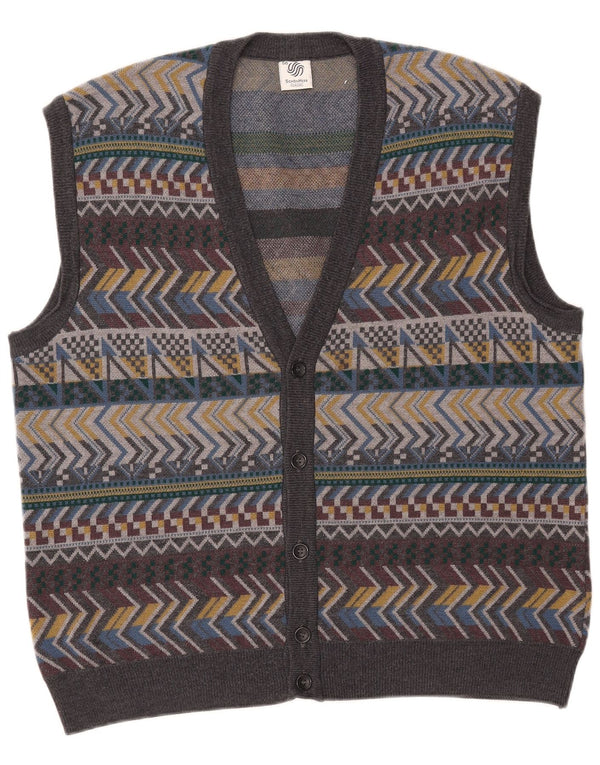 vintage Mens Cardigan sans manches Pull IT 56 XL Gris Géométrique Laine