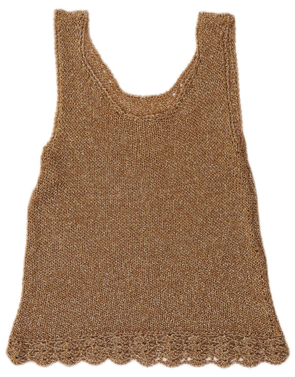 vintage Womens Crop Voir à travers Blouse Top UK 14 Brun Moyen Moucheté