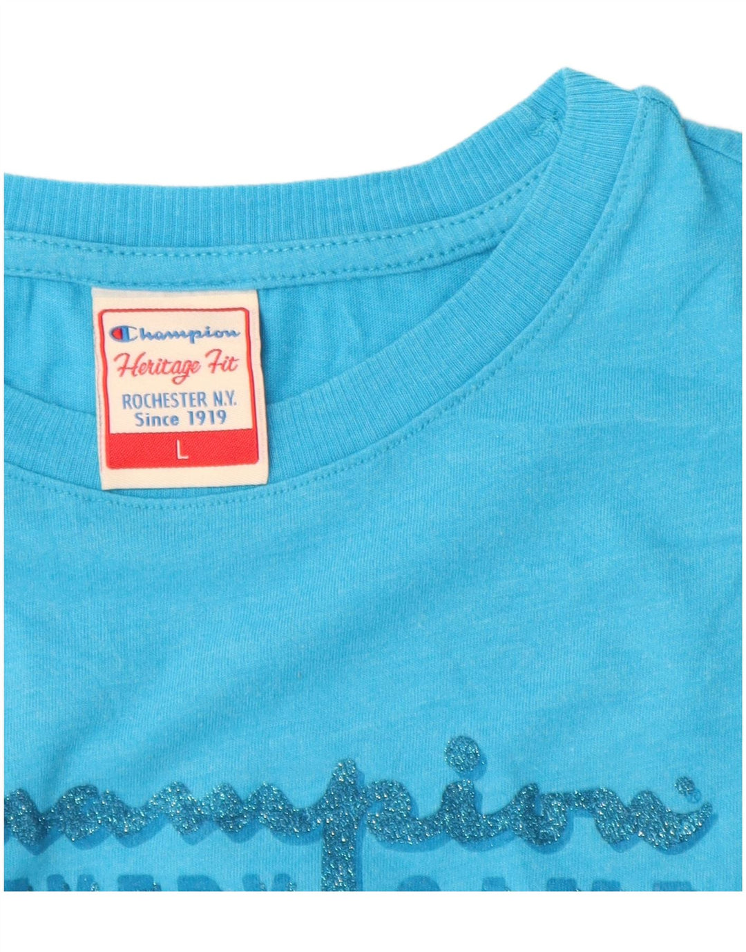 CHAMPION T-shirt graphique Heritage Fit pour femme UK 14 Large Bleu Coton