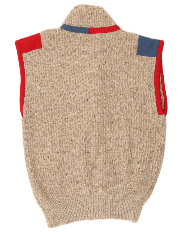 vintage Mens Cardigan sans manches Pull Medium Beige Colourblock Acrylique