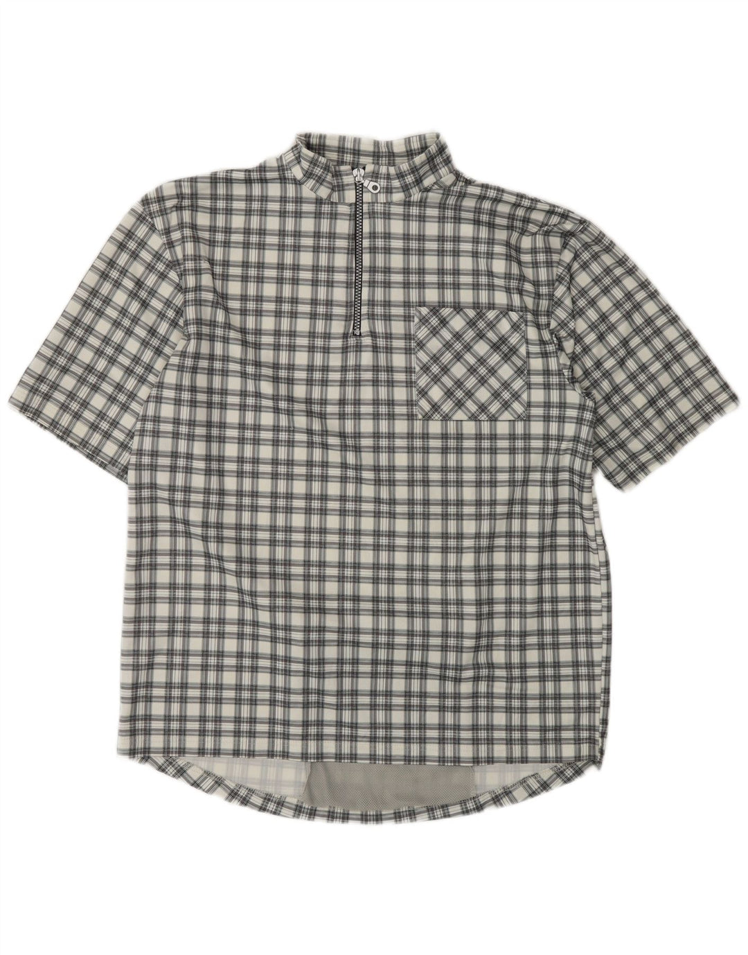 VINTAGE Chemise pull à manches courtes pour hommes grand polyester à carreaux gris