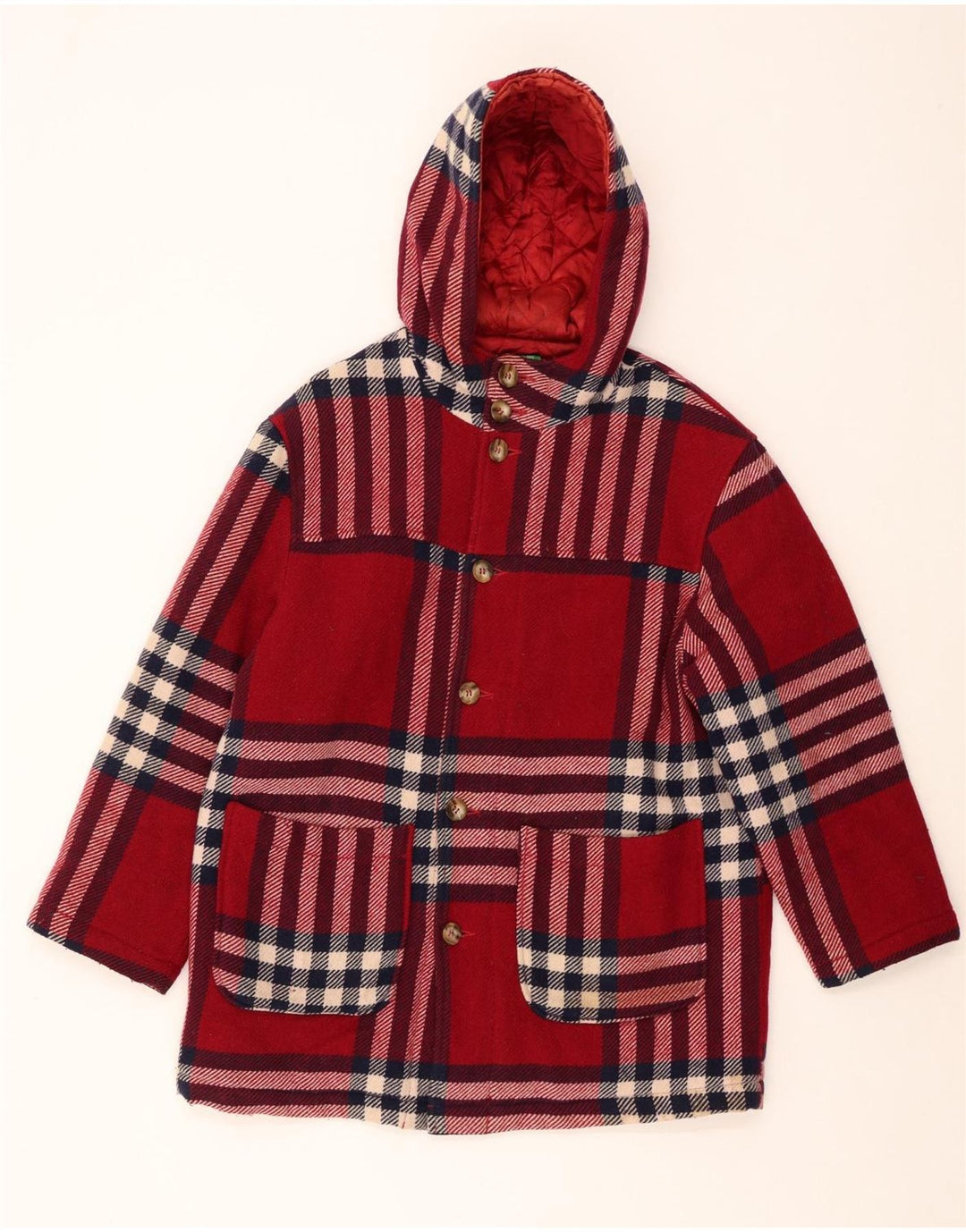 BENETTON Manteau à capuche pour femme UK 18 XL Laine à carreaux rouge
