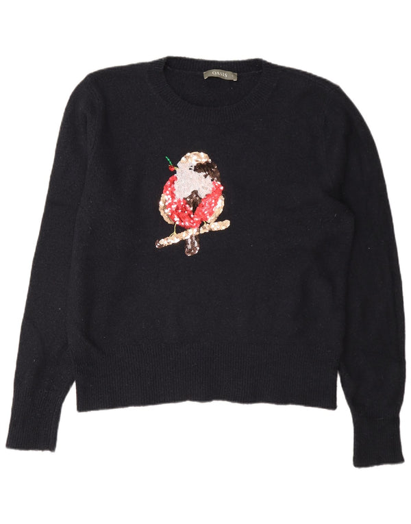Oasis Pull graphique à col rond pour femme UK 16 Large Bleu marine Acrylique