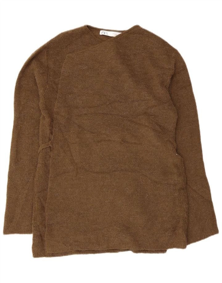 Zara Femme Wrap Cardigan Pull UK 10 Petit Kaki Polyamide