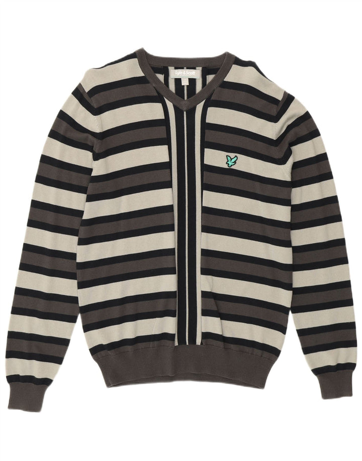 LYLE & SCOTT Pull Col V Homme Gris Moyen Rayé Coton