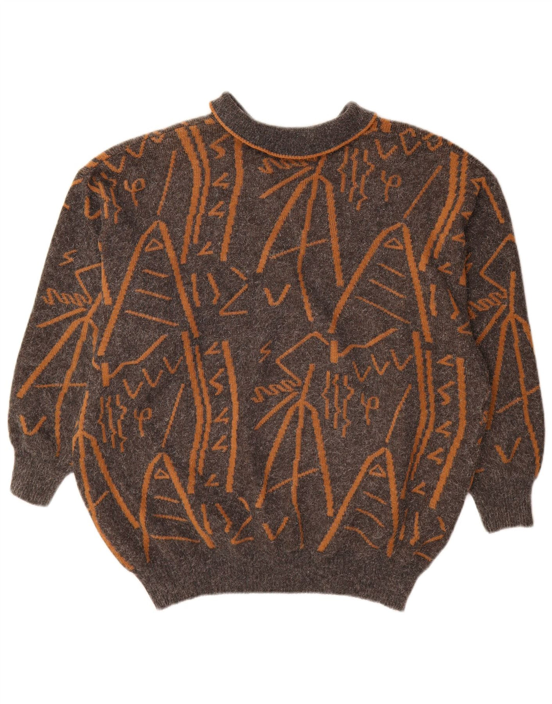 vintage Womens Abstract Pattern Polo Neck Jumper Sweater UK 16 Grand Gris