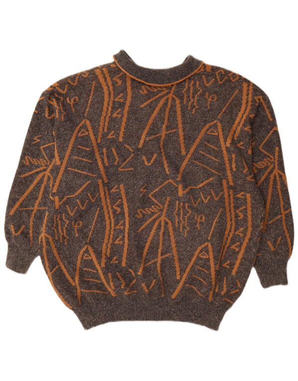 vintage Womens Abstract Pattern Polo Neck Jumper Sweater UK 16 Grand Gris