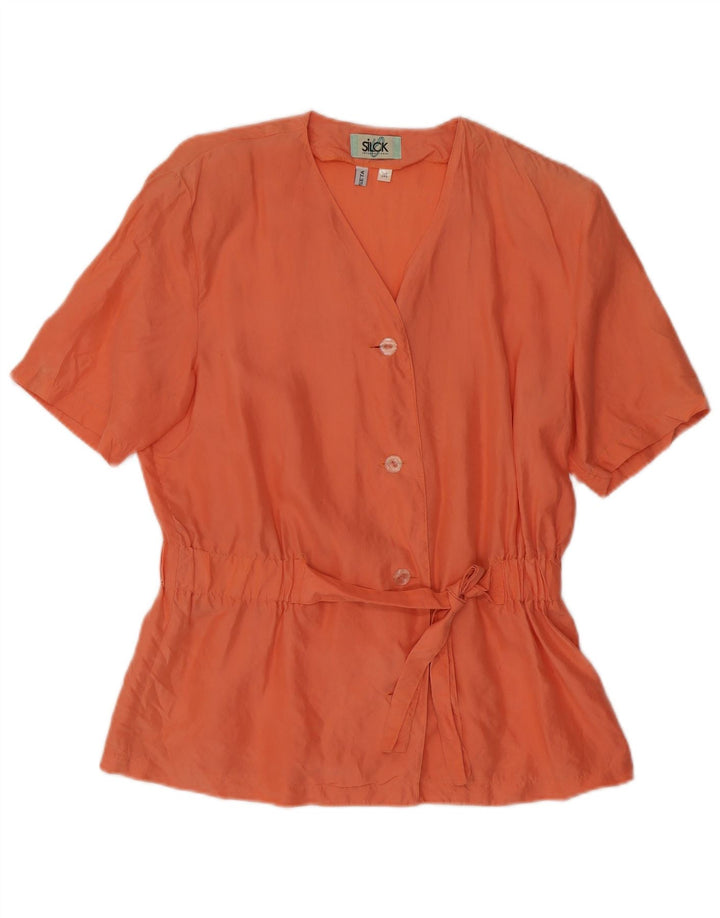 vintage Femme Manches Courtes Blouse Top UK 12 Soie Orange Moyenne