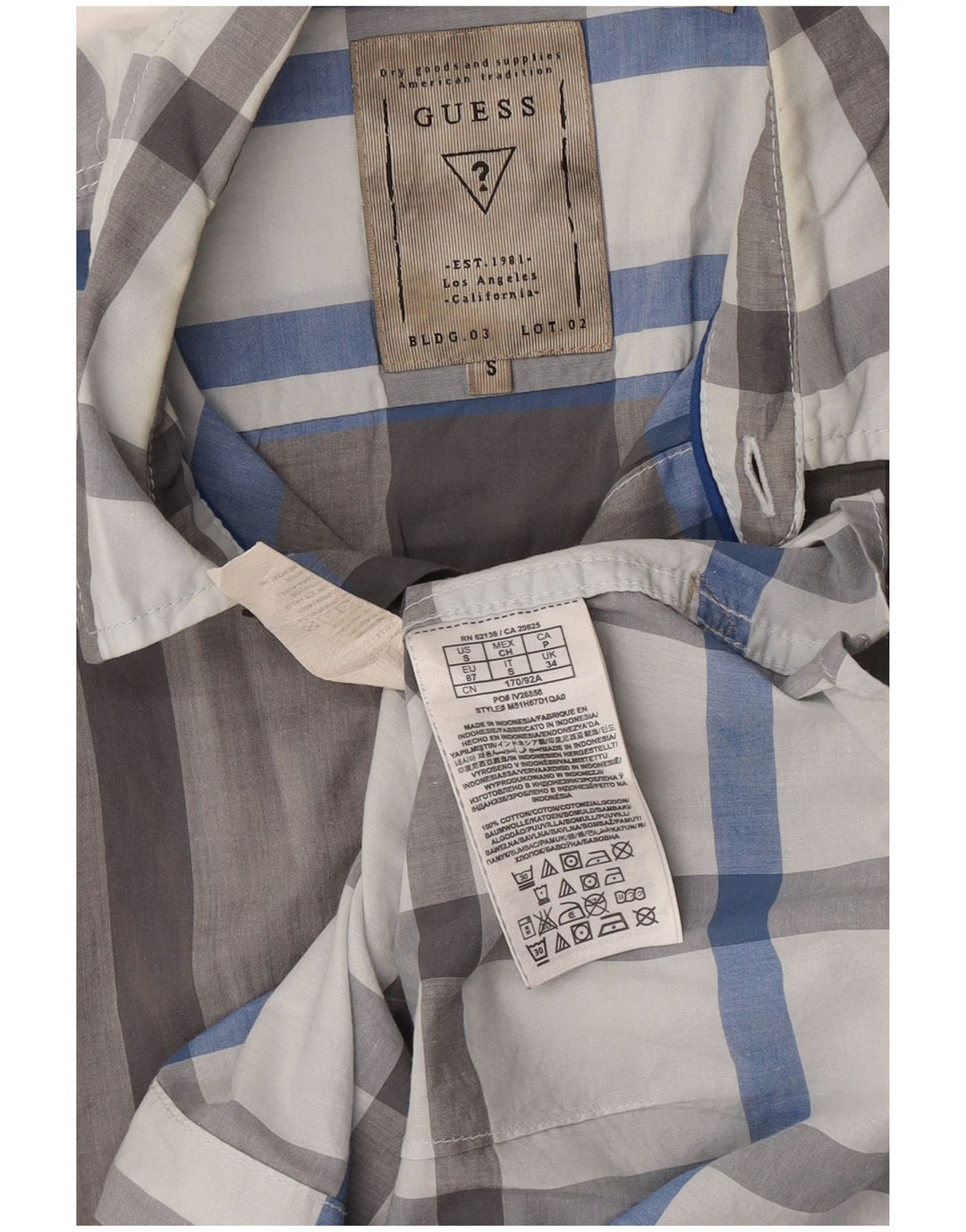 Guess Chemise Slim à Manches Courtes pour Homme en Coton à Carreaux Gris Petit