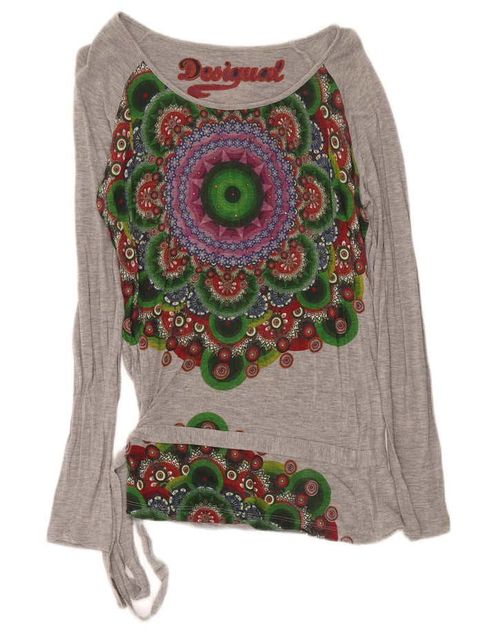 Desigual Femme Graphic Top Manches Longues UK 12 Gris Moyen Géométrique