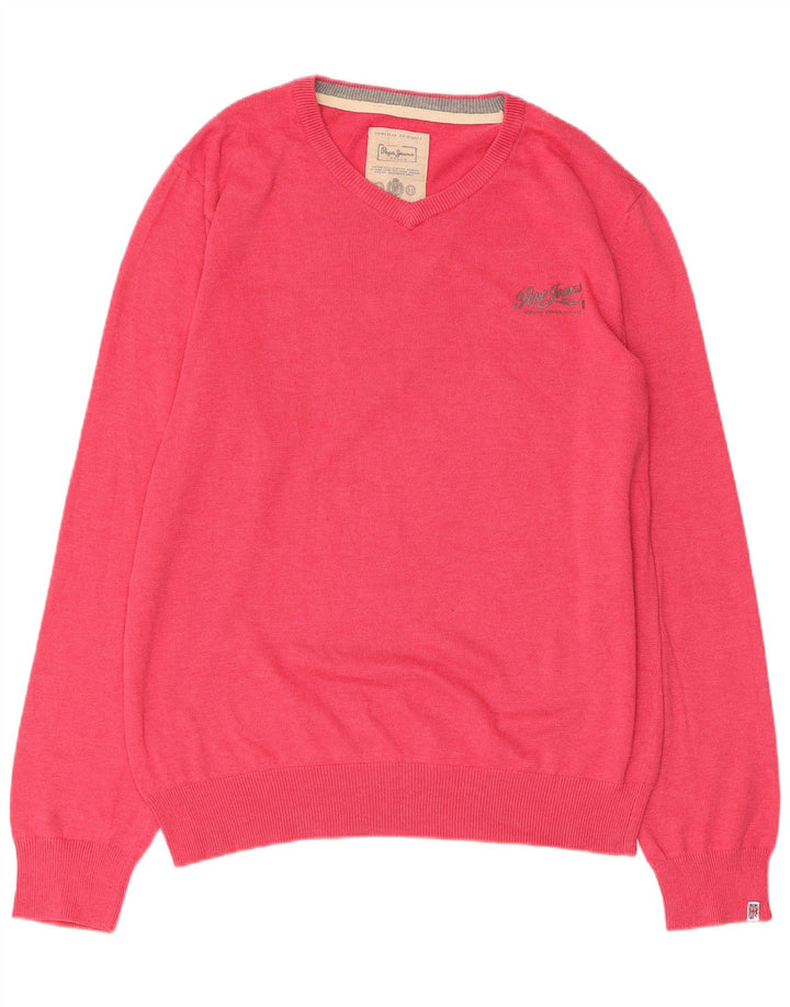 PEPE JEANS Womens V-Neck Jumper Sweater UK 18 XL Pink Cotton