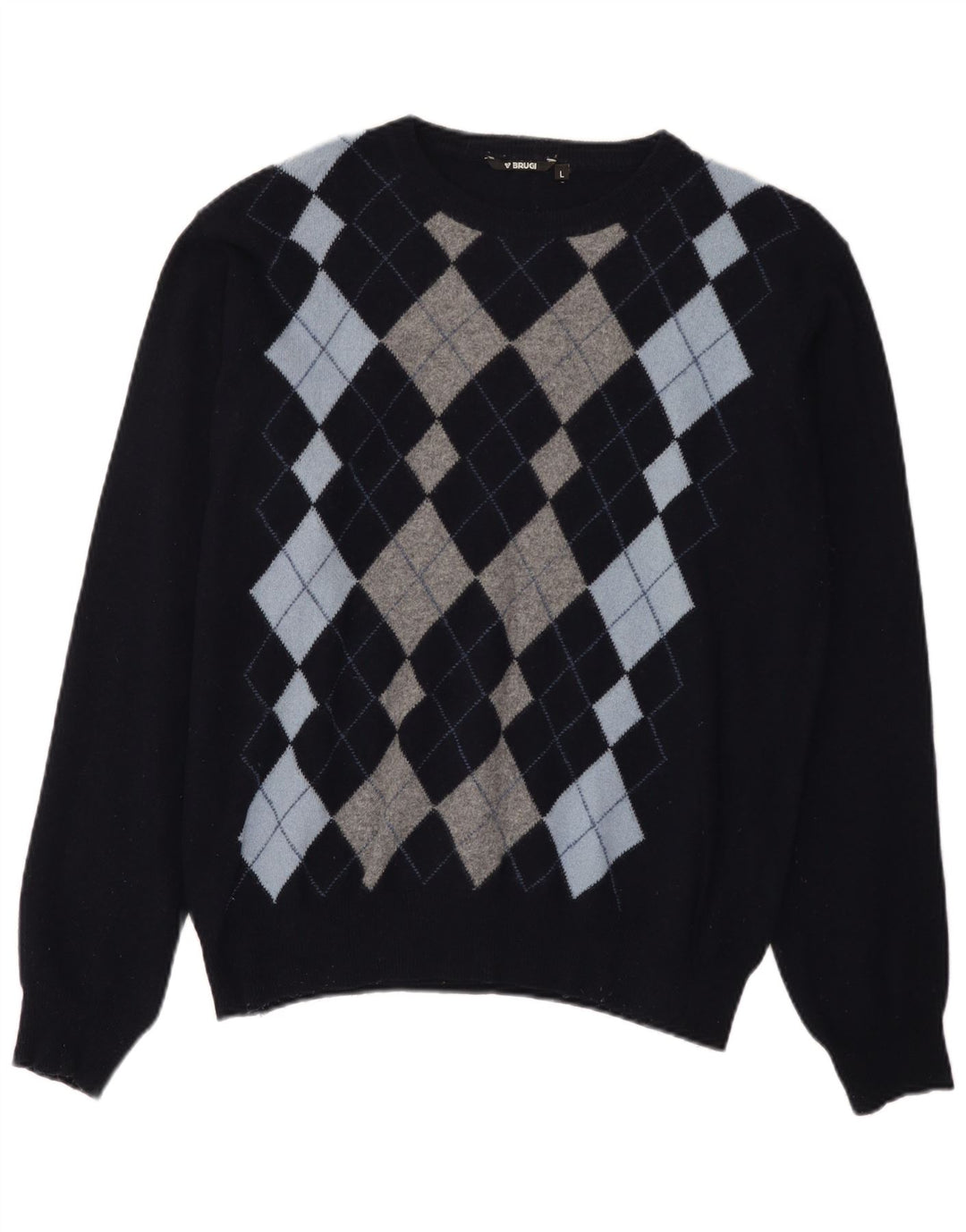 Brugi Pull col rond pour homme en laine bleu marine à losanges/diamants