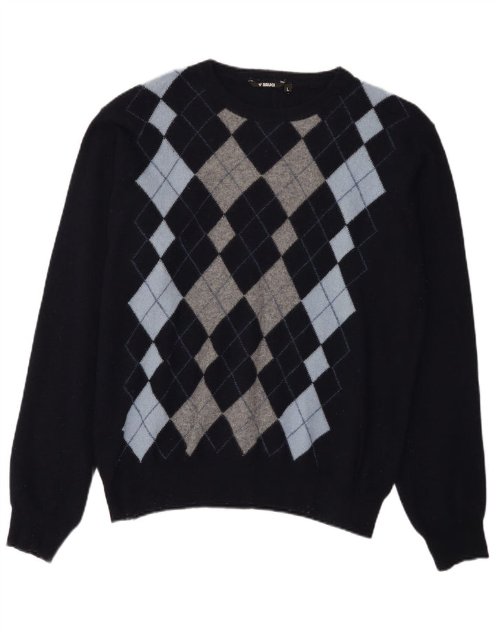 Brugi Pull col rond pour homme en laine bleu marine à losanges/diamants