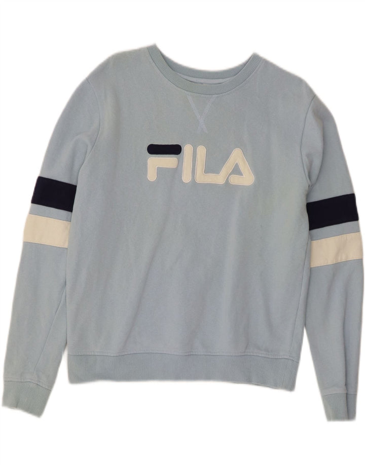 FILA Womens Graphic Sweatshirt Jumper UK 14 Medium Blue Cotton Vintage Fila and Second-Hand Fila from Messina Hembry 