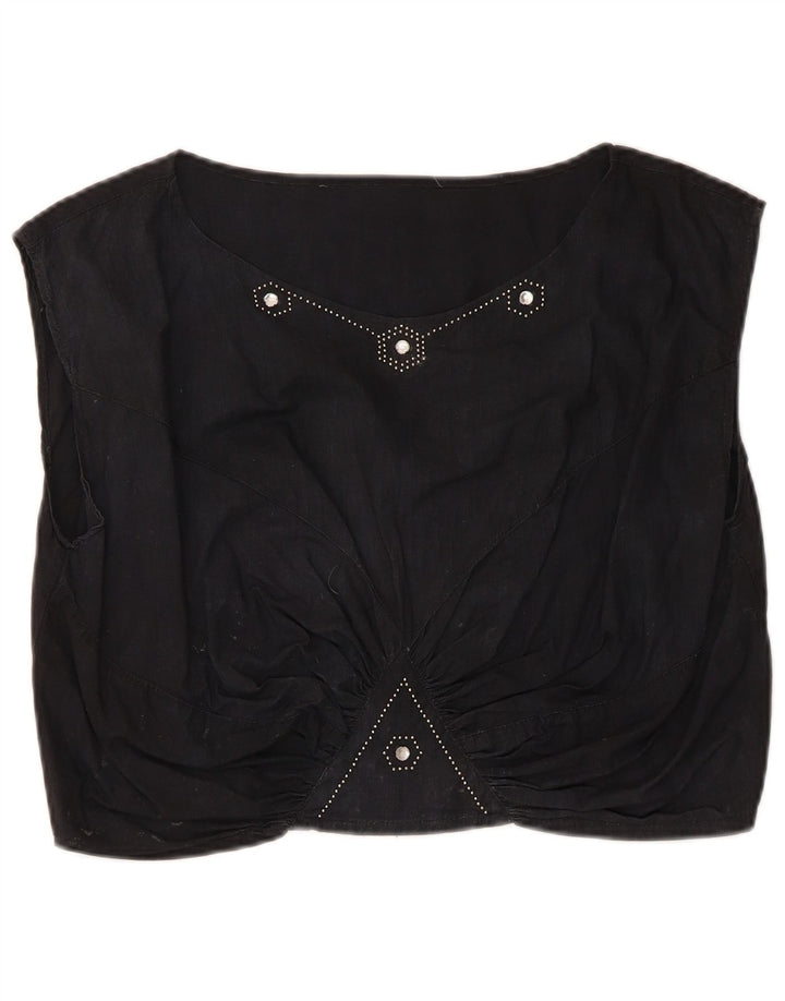 vintage Femmes Crop Blouse Top UK 14 Moyen Noir