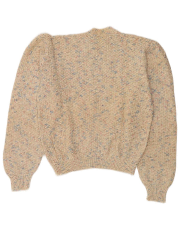 vintage Womens Crop Turtle Neck Jumper Pull UK 14 Moyen Beige Moucheté