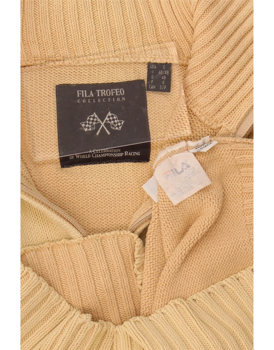 FILA Mens Zip Neck Jumper Sweater IT 46/48 Small Beige Cotton Vintage Fila and Second-Hand Fila from Messina Hembry 