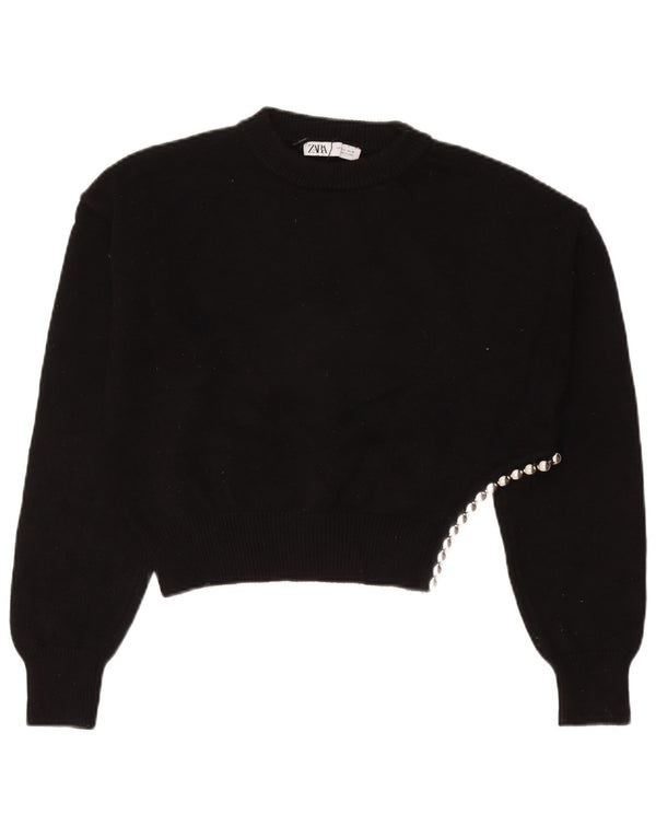 Zara Pull court surdimensionné à col rond pour femme UK 10 Petit Noir