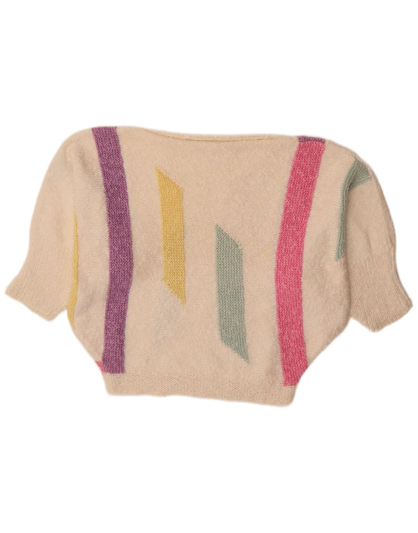 vintage Femmes Batwing Boat Neck Jumper Pull UK 18 XL Colorblock Blanc