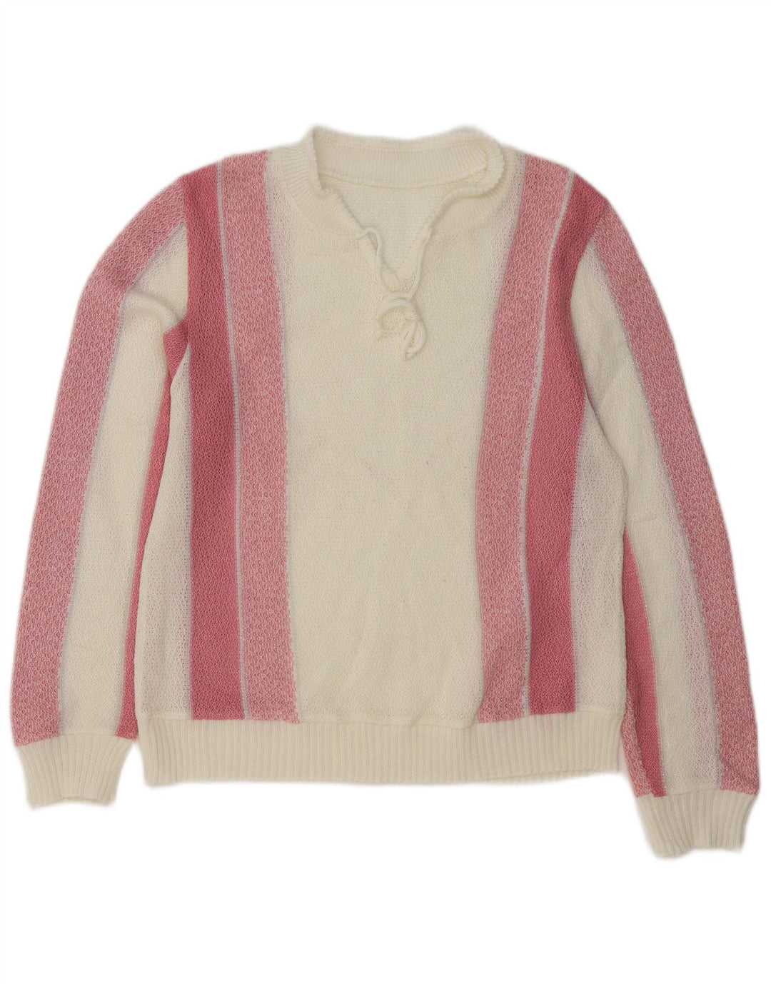 vintage Femme V-Col Jumper Pull UK 16 Grand Blanc Rayé