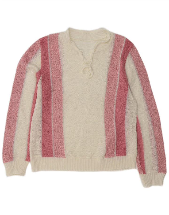 vintage Femme V-Col Jumper Pull UK 16 Grand Blanc Rayé