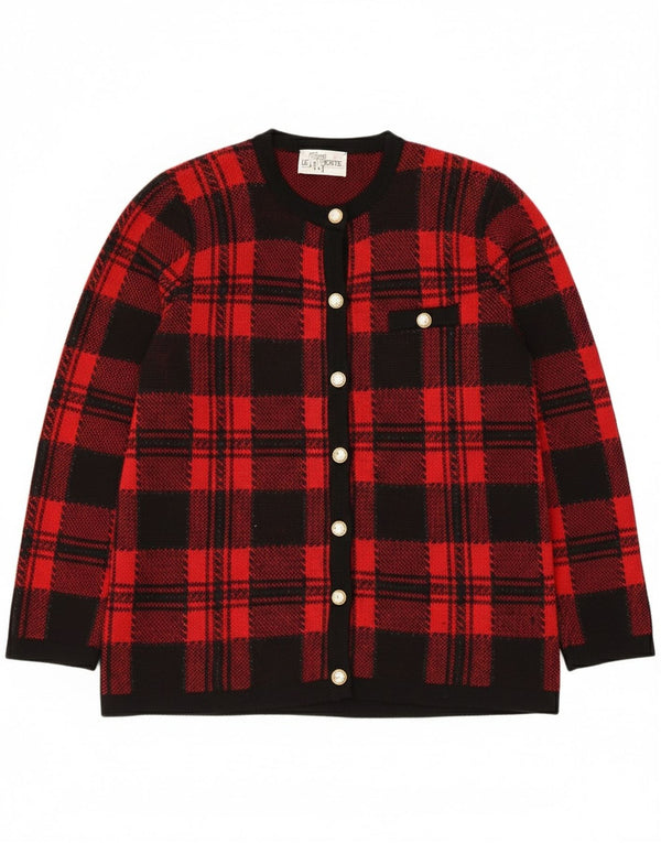 vintage Womens Cardigan Sweater UK 14 Grande laine mérinos à carreaux rouges