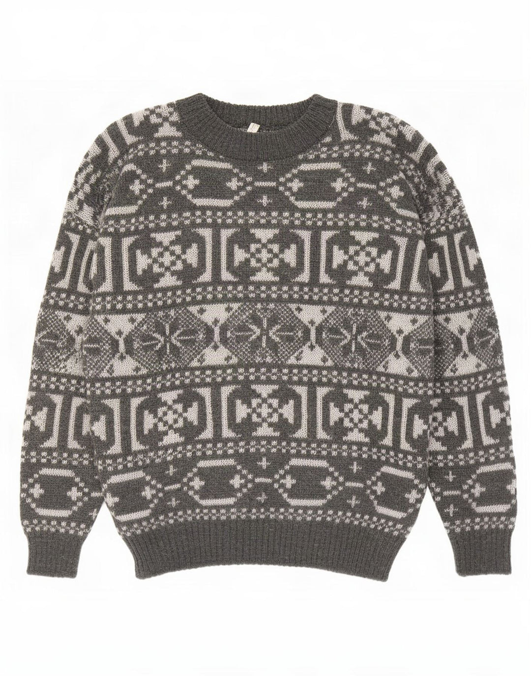 vintage Mens Crew Neck Jumper Pull Moyen Gris Géométrique Laine
