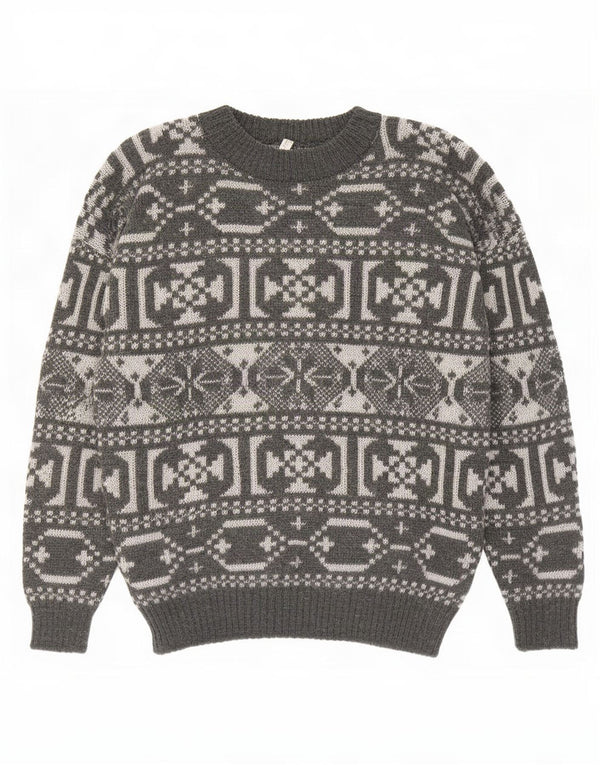 vintage Mens Crew Neck Jumper Pull Moyen Gris Géométrique Laine