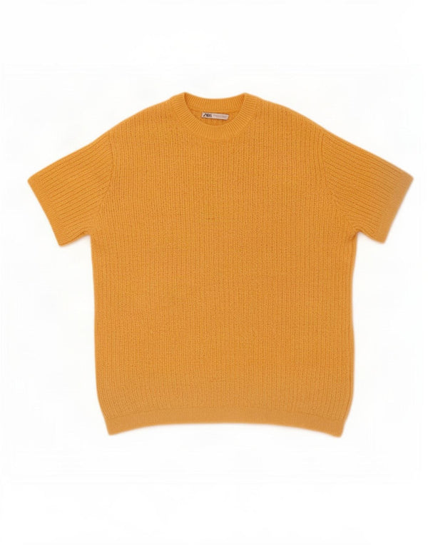Zara Pull à manches courtes et col rond pour homme en coton jaune moyen