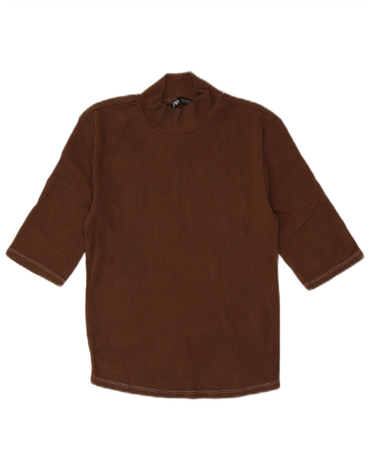 Zara Womens Crop Top Manches 3/4 UK 12 Coton Marron Moyen