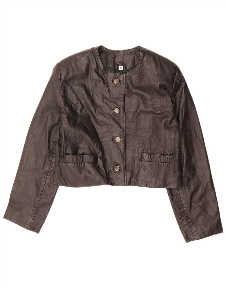 VINTAGE Femme Veste Boléro En Cuir Surdimensionnée EU 36 Petit Cuir Noir