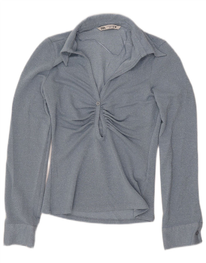 ZARA Femme Chemisier à manches longues Top UK 6 XS Bleu Viscose