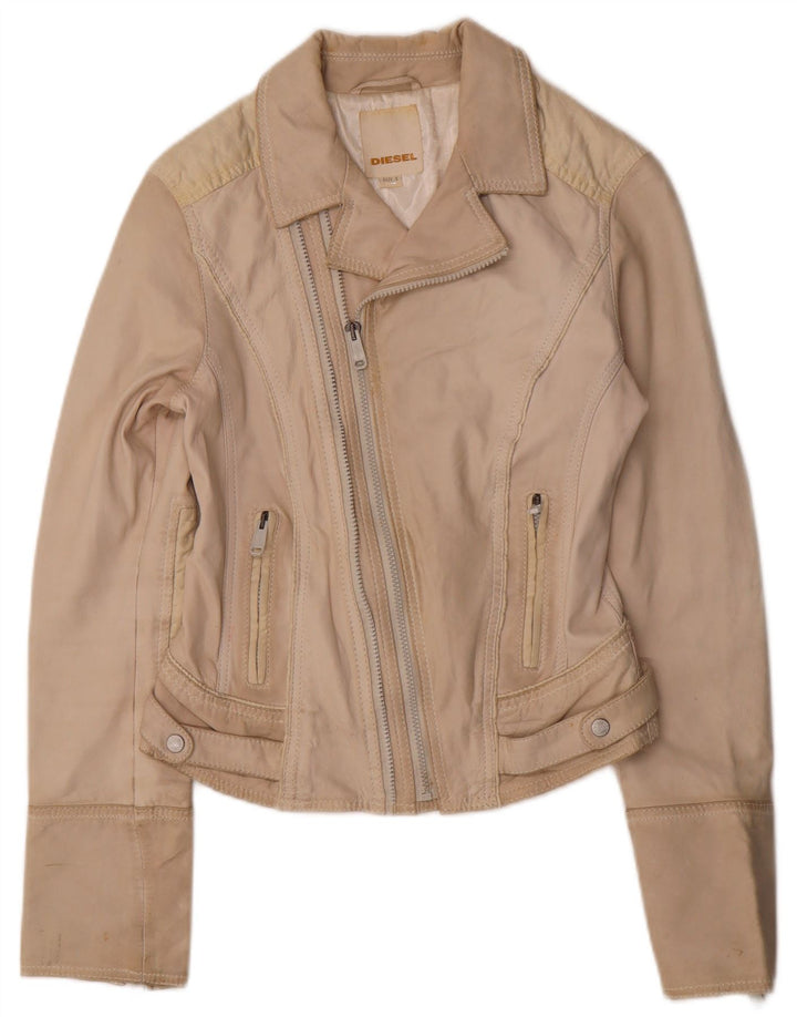 DIESEL Veste de motard en cuir court pour femme UK 10 Petit cuir beige