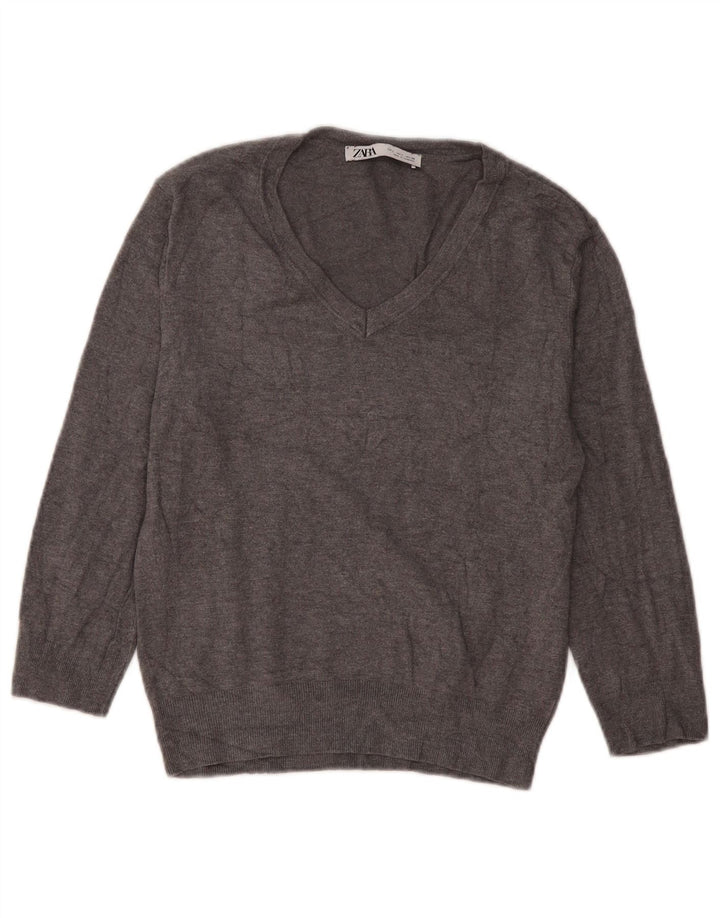 Zara Pull col V pour femme UK 16 Large Gris