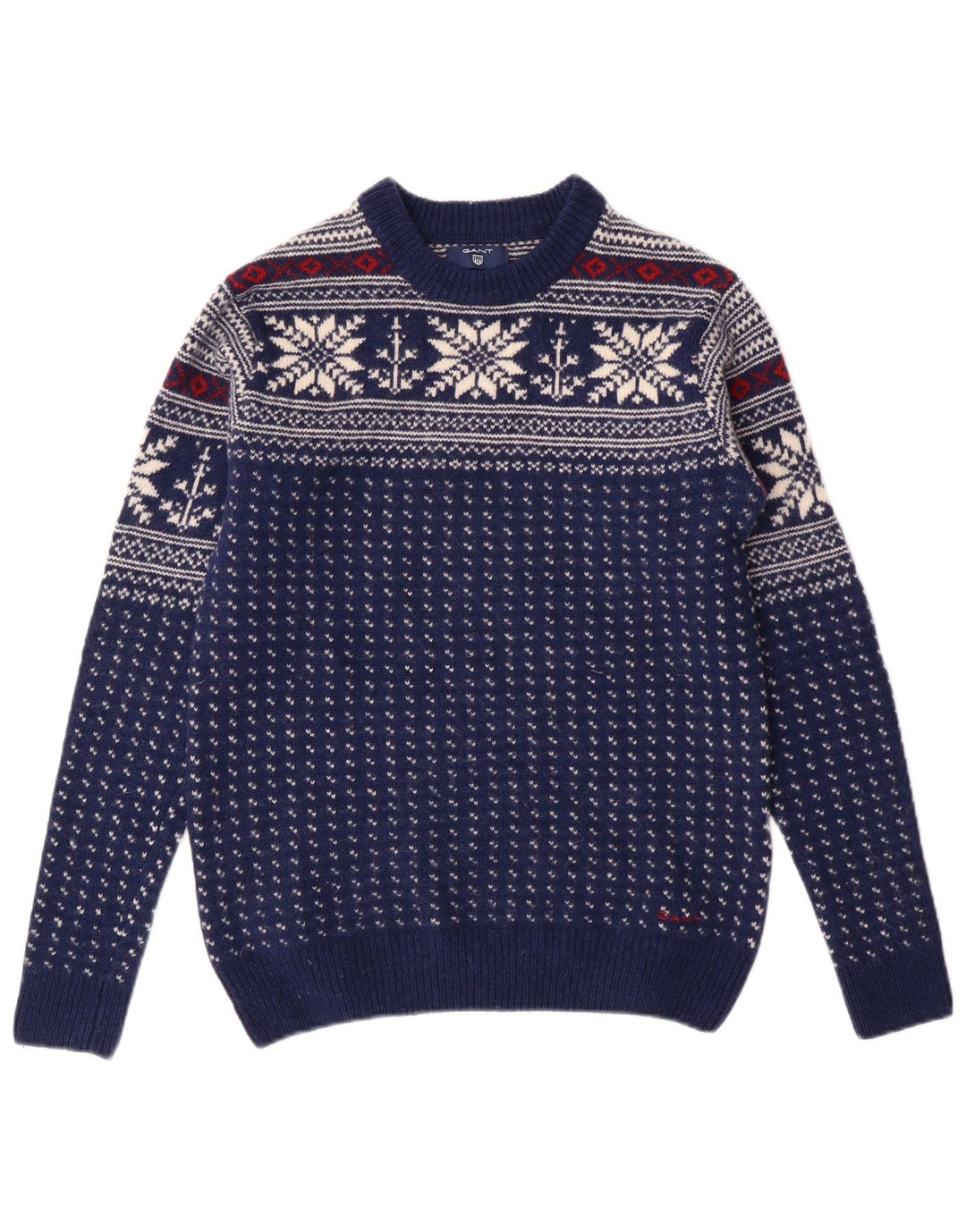 GANT Pull ras du cou pour homme en laine Fair Isle bleu marine Small