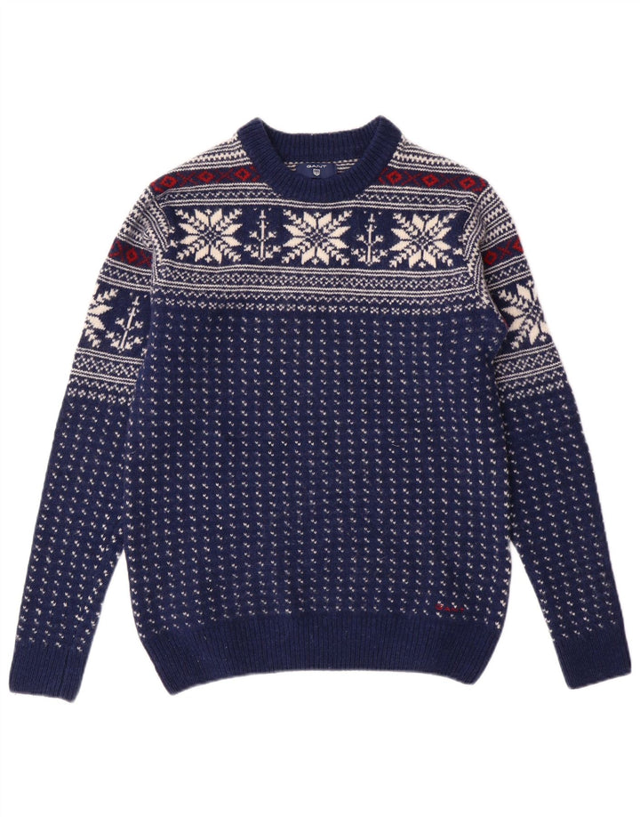 GANT Pull ras du cou pour homme en laine Fair Isle bleu marine Small